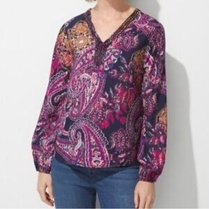Chico's 2 Top Blouse Purple Paisley Print Beaded V-Neck Large